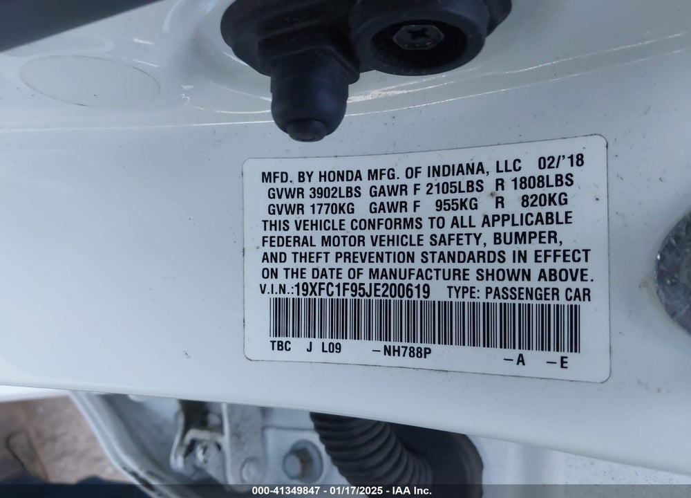 2018 HONDA CIVIC VIN: 19XFC1F95JE200619