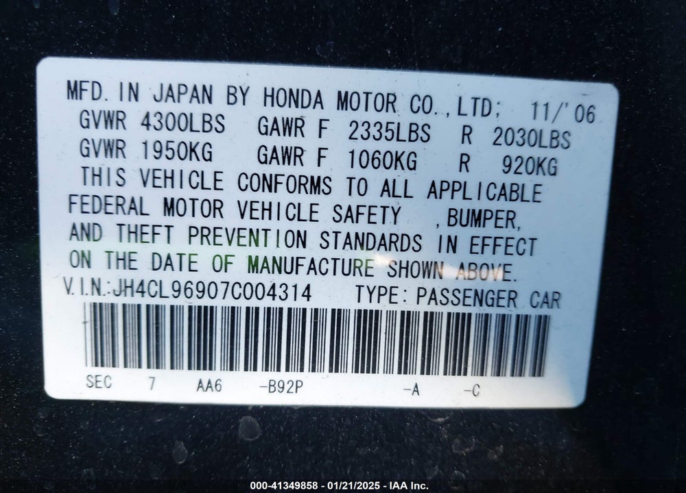 2007 ACURA TSX VIN: JH4CL96907C004314