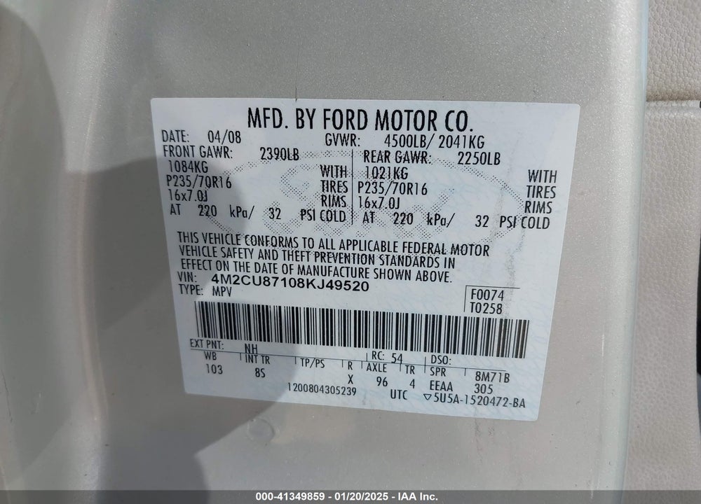 2008 MERCURY MARINER VIN: 4M2CU87108KJ49520