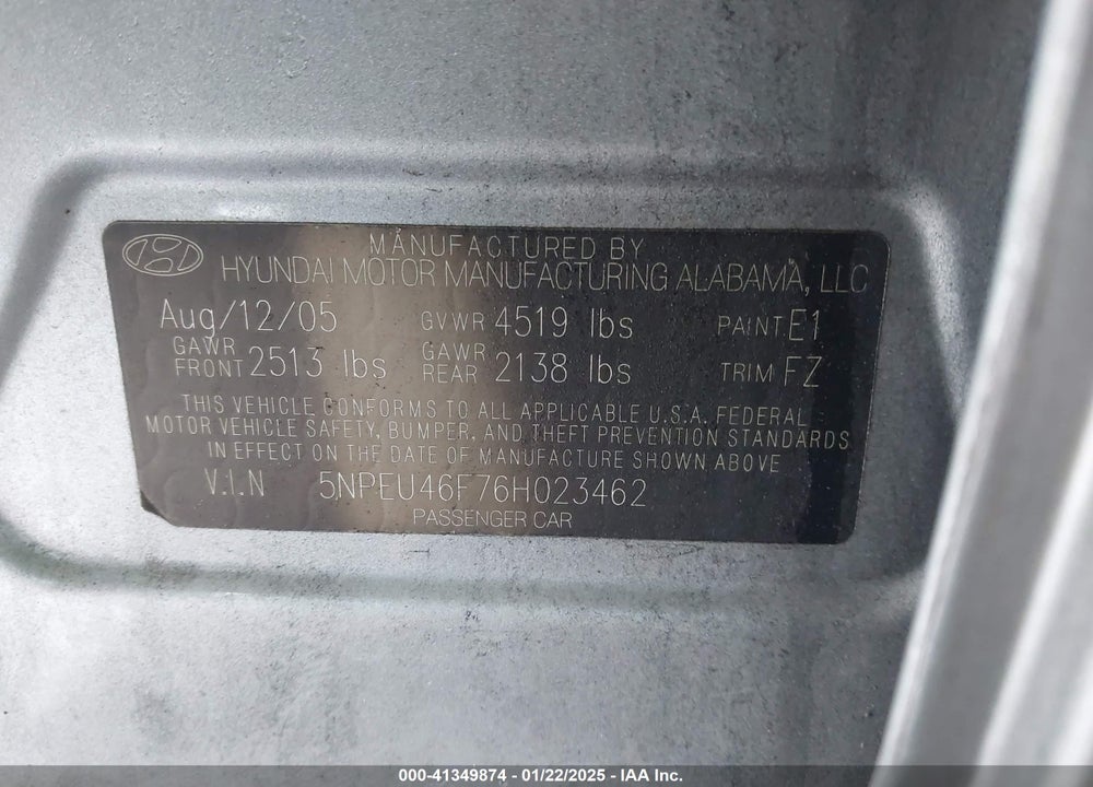 2006 HYUNDAI SONATA VIN: 5NPEU46F76H023462