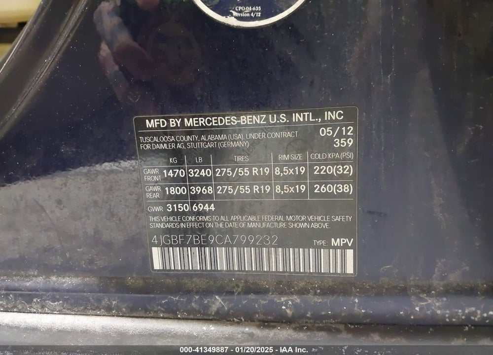 2012 MERCEDES-BENZ GL 450 4MATIC VIN: 4JGBF7BE9CA799232