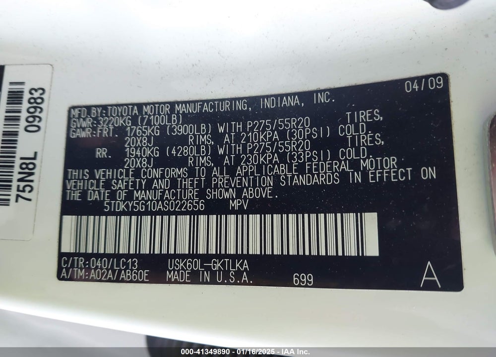 2010 TOYOTA SEQUOIA LIMITED 5.7L V8 VIN: 5TDKY5G10AS022656
