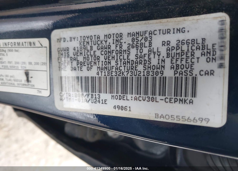 2003 TOYOTA CAMRY LE VIN: 4T1BE32K73U218309