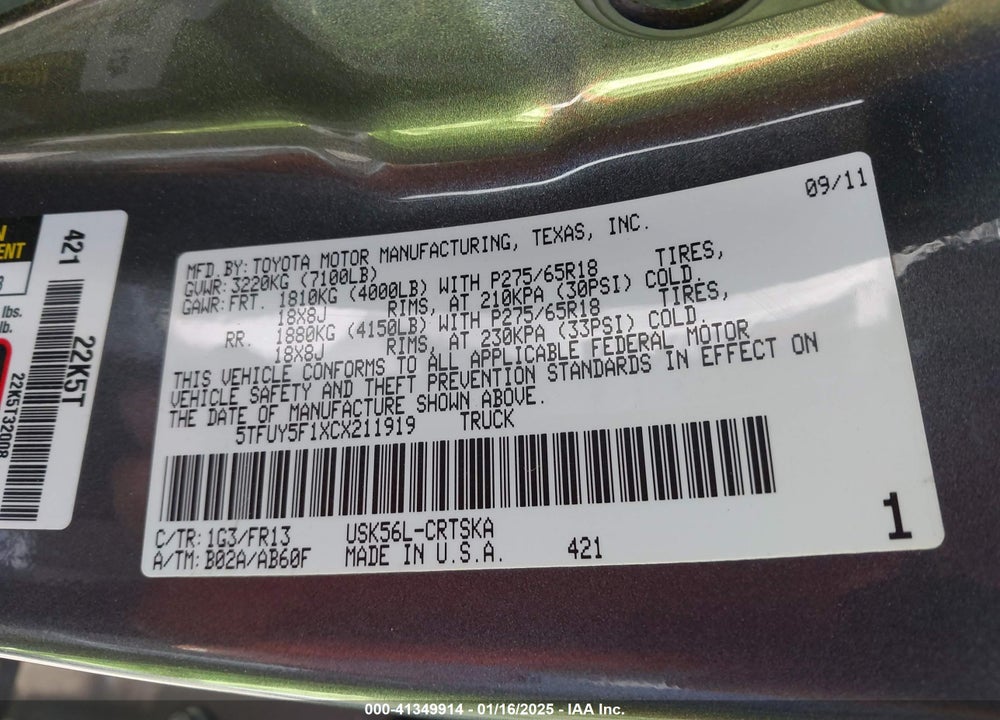 2012 TOYOTA TUNDRA VIN: 5TFUY5F1XCX211919