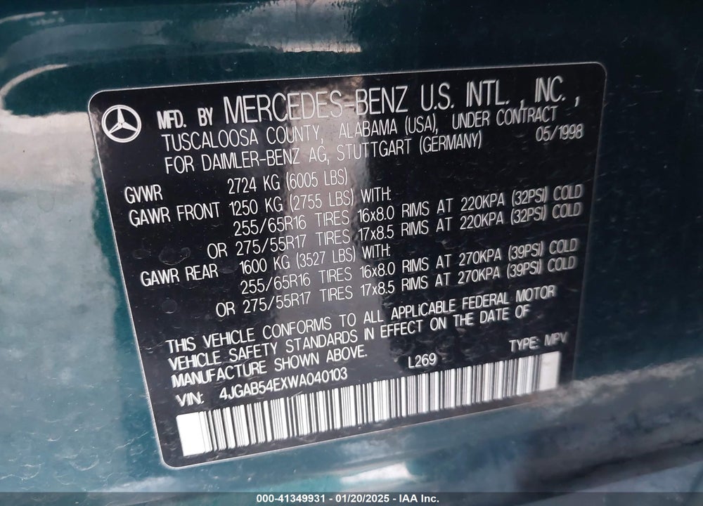 1998 MERCEDES-BENZ ML 320 CLASSIC VIN: 4JGAB54EXWA040103
