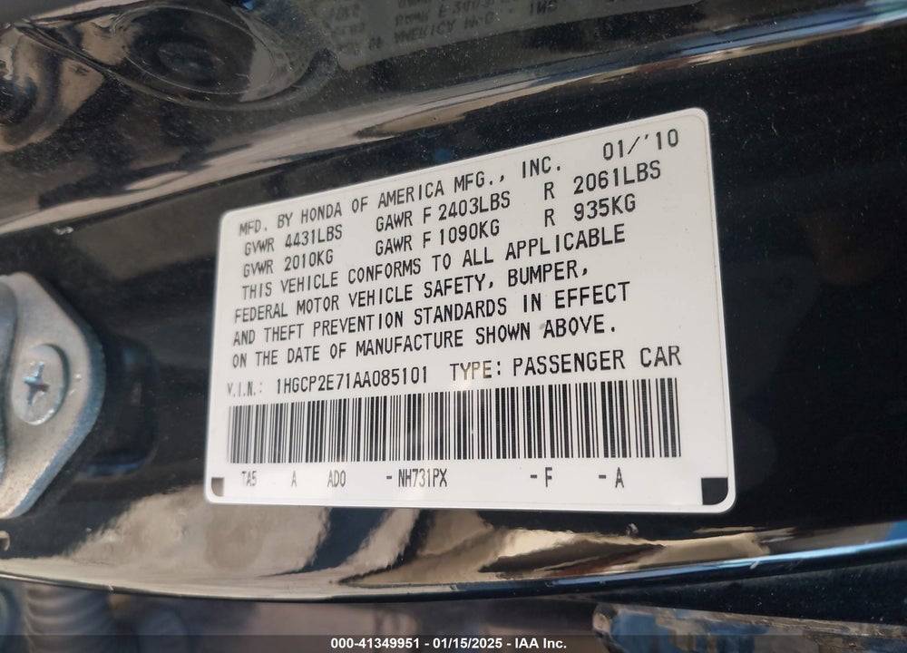 2010 HONDA ACCORD VIN: 1HGCP2E71AA085101