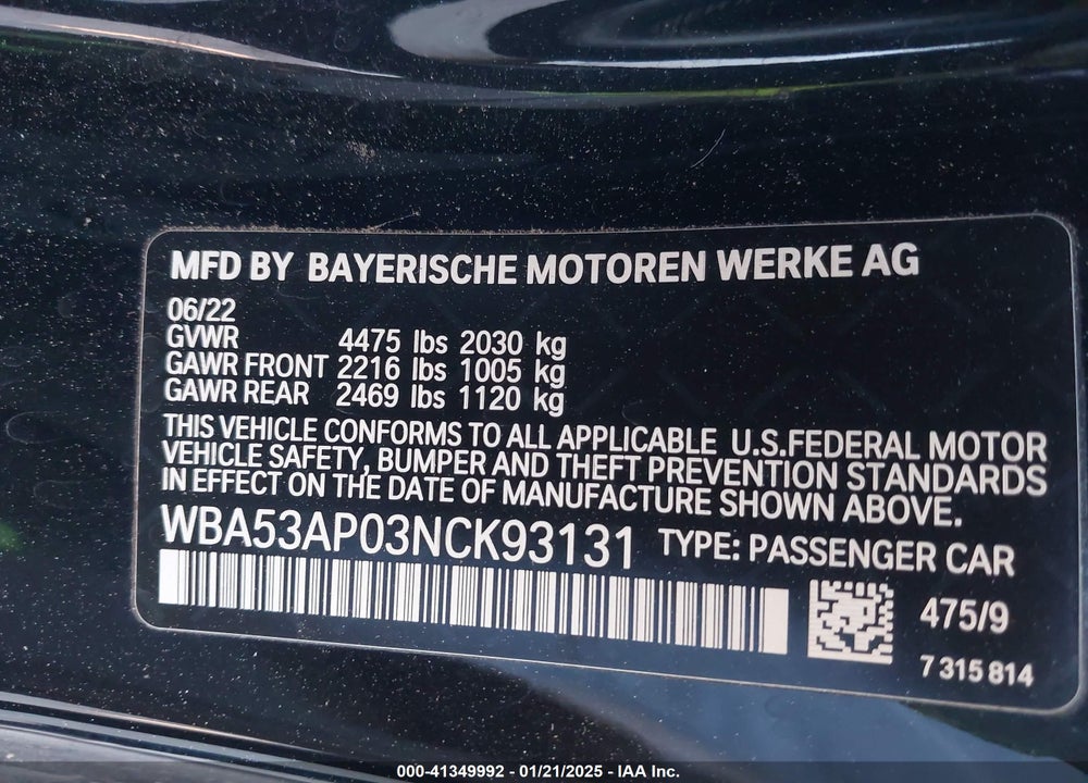 2022 BMW 430I VIN: WBA53AP03NCK93131