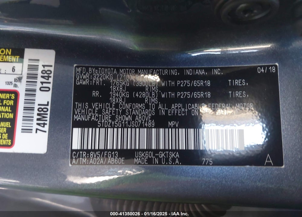 2018 TOYOTA SEQUOIA SR5 VIN: 5TDZY5G11JS071489