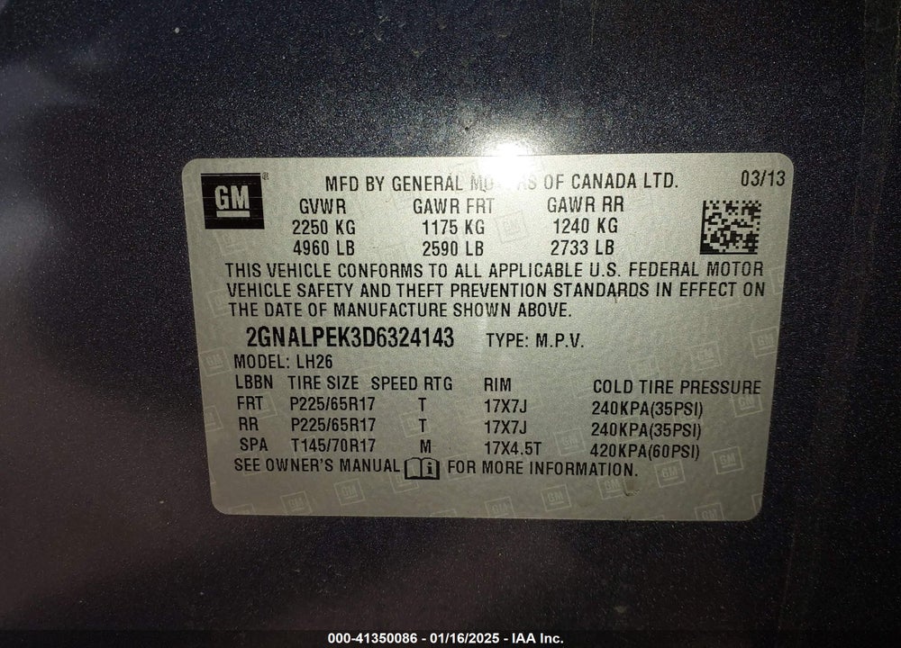 2013 CHEVROLET EQUINOX 2LT VIN: 2GNALPEK3D6324143