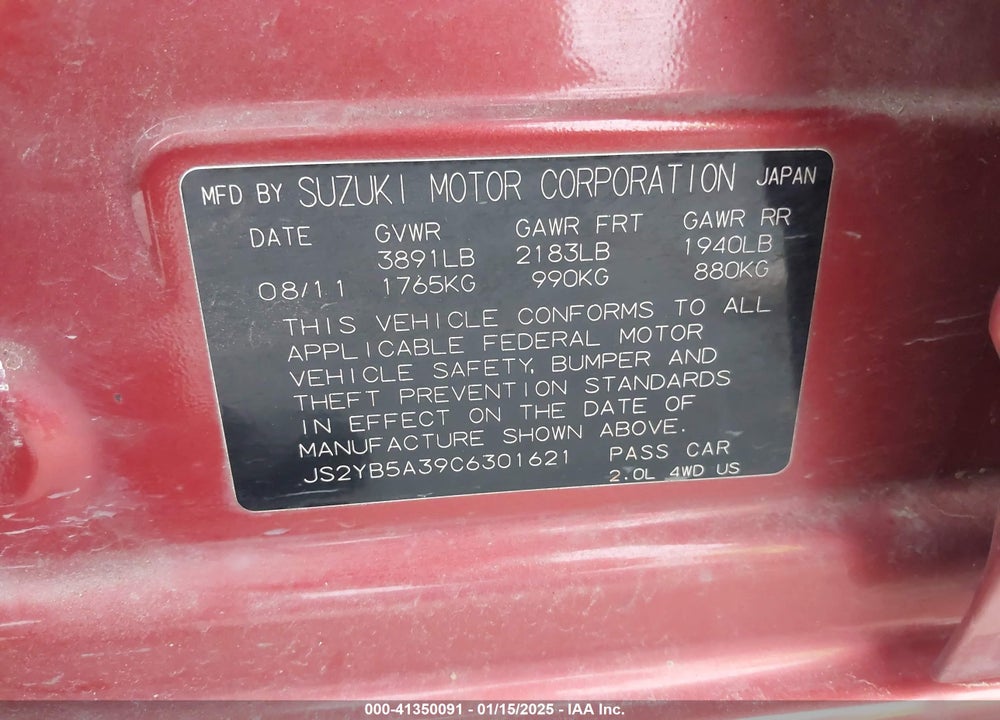 2012 SUZUKI SX4 VIN: JS2YB5A39C6301621