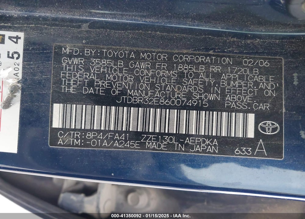 2006 TOYOTA COROLLA CE VIN: JTDBR32E860074915