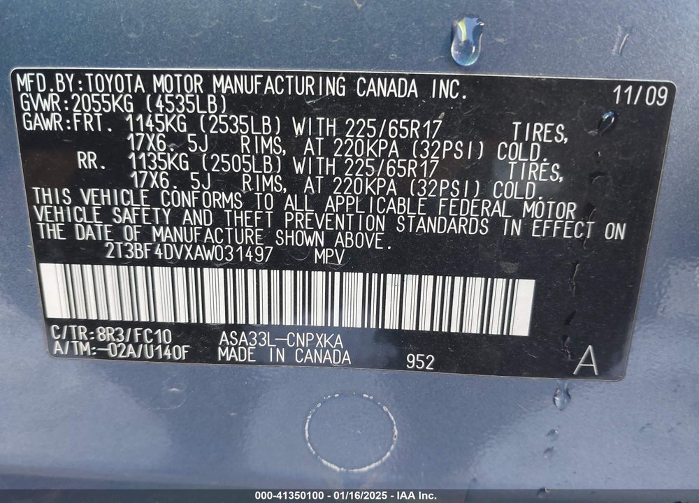 2010 TOYOTA RAV4 VIN: 2T3BF4DVXAW031497