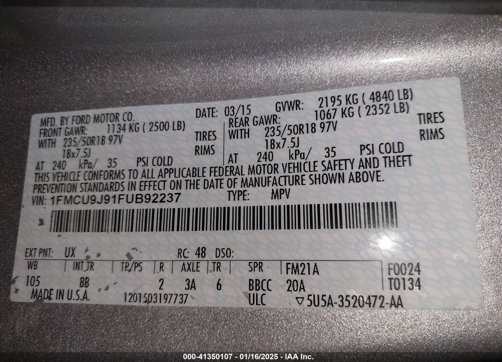 2015 FORD ESCAPE TITANIUM VIN: 1FMCU9J91FUB92237