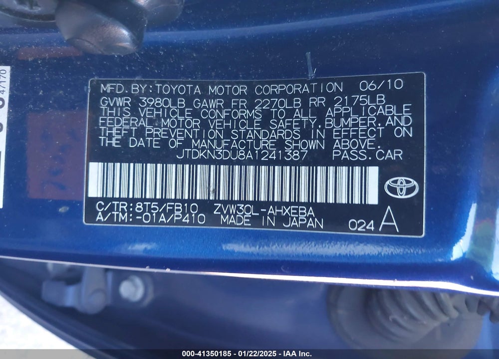 2010 TOYOTA PRIUS VIN: JTDKN3DU8A1241387