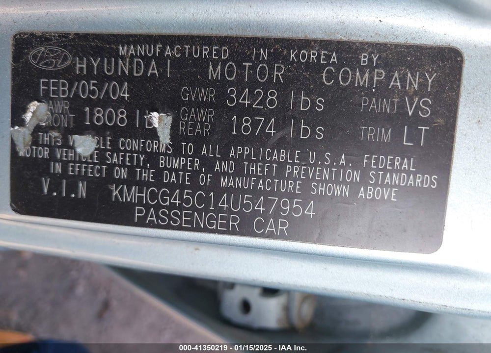 2004 HYUNDAI ACCENT GL VIN: KMHCG45C14U547954