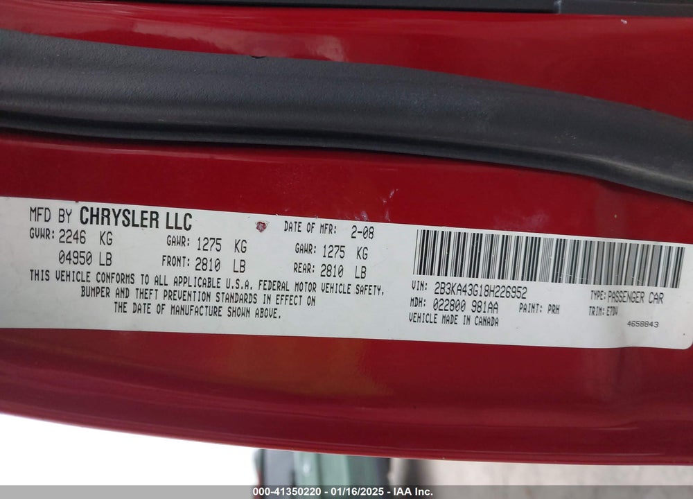 2008 DODGE CHARGER VIN: 2B3KA43G18H226952