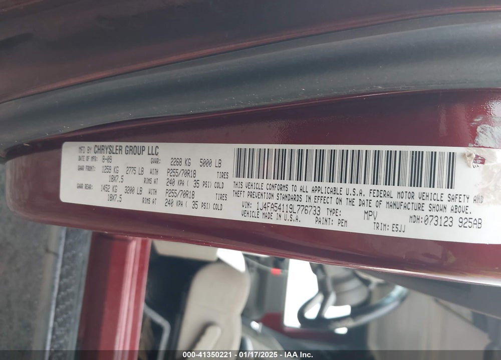 2009 JEEP WRANGLER SAHARA VIN: 1J4FA54119L776733