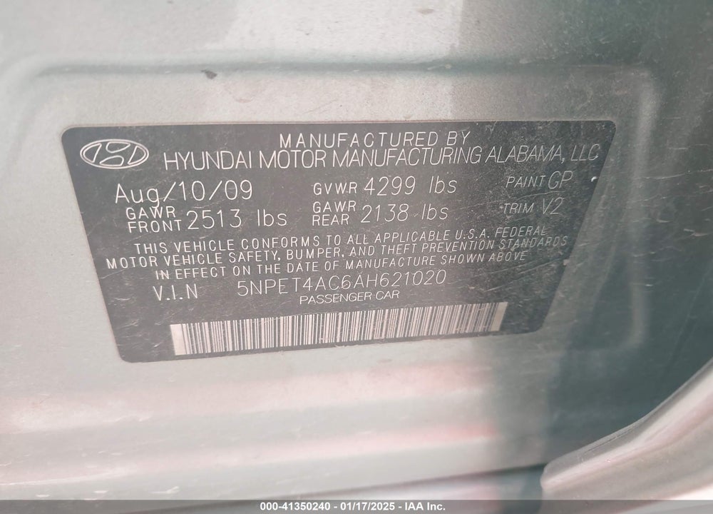 2010 HYUNDAI SONATA VIN: 5NPET4AC6AH621020