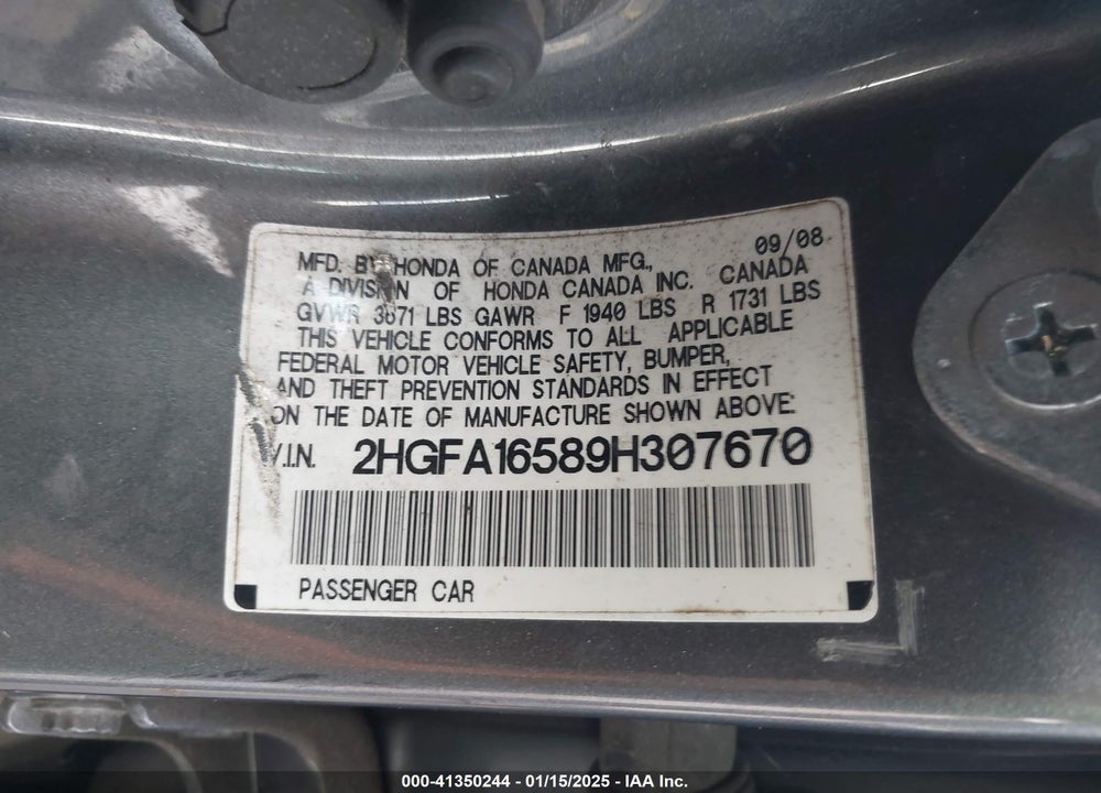 2009 HONDA CIVIC LX VIN: 2HGFA16589H307670