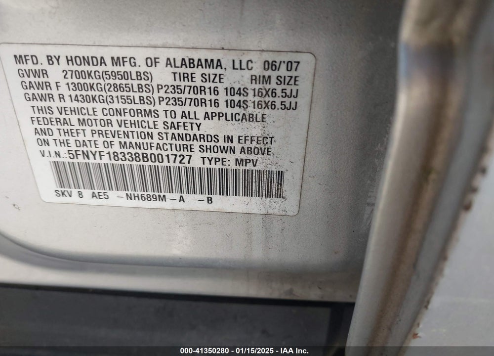 2008 HONDA PILOT SE VIN: 5FNYF18338B001727