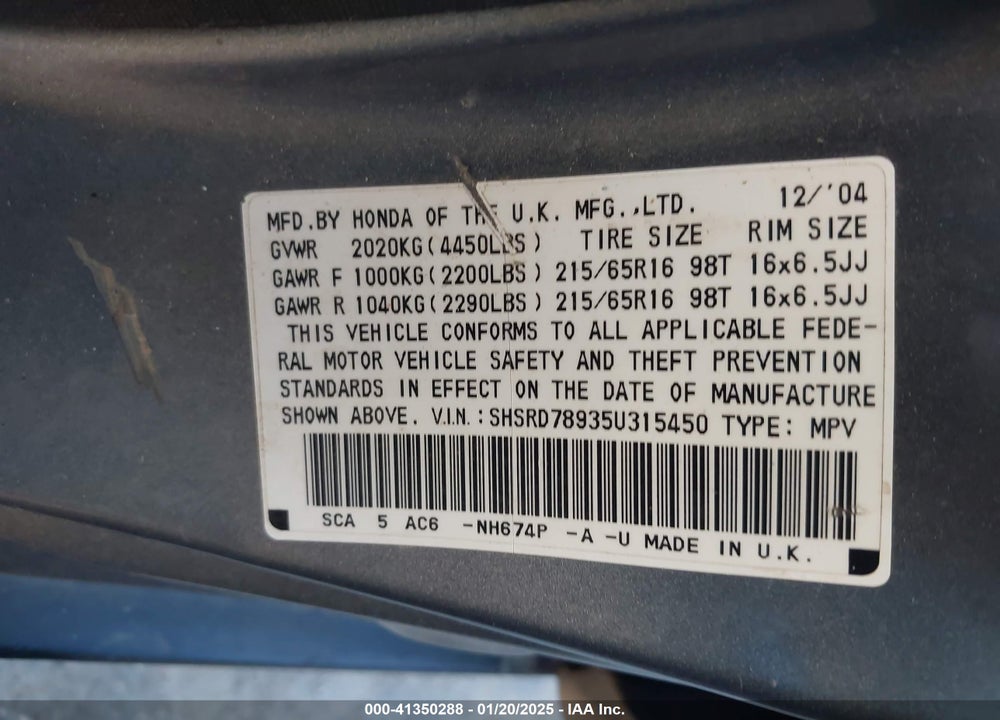 2005 HONDA CR-V VIN: SHSRD78935U315450
