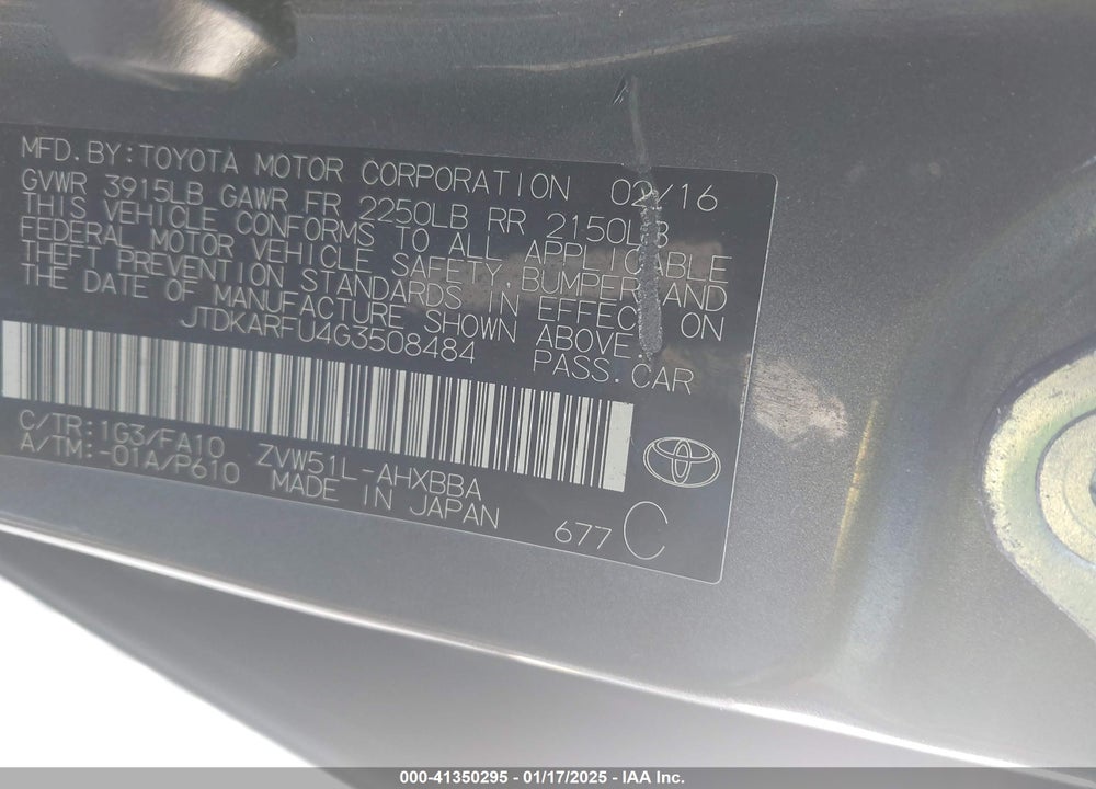 2016 TOYOTA PRIUS VIN: JTDKARFU4G3508484