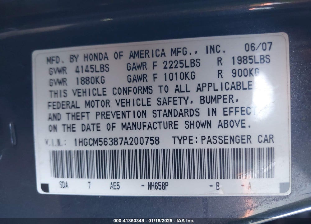 2007 HONDA ACCORD 2.4 SE VIN: 1HGCM56387A200758