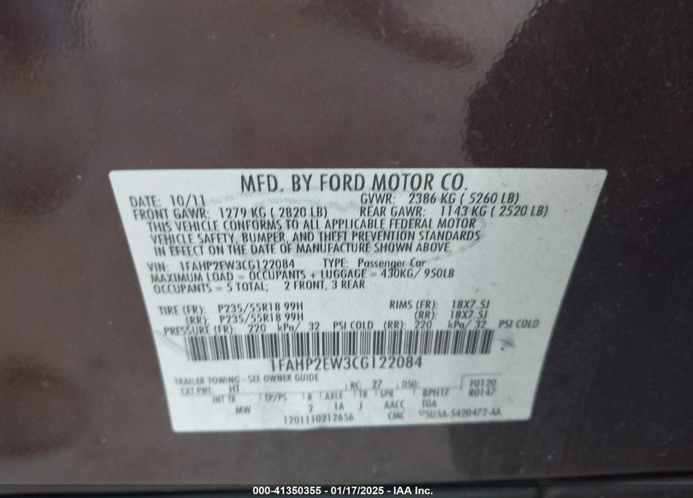 2012 FORD TAURUS VIN: 1FAHP2EW3CG122084