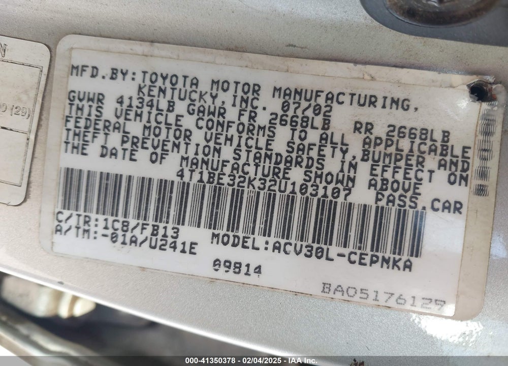 2002 TOYOTA CAMRY LE VIN: 4T1BE32K32U103107
