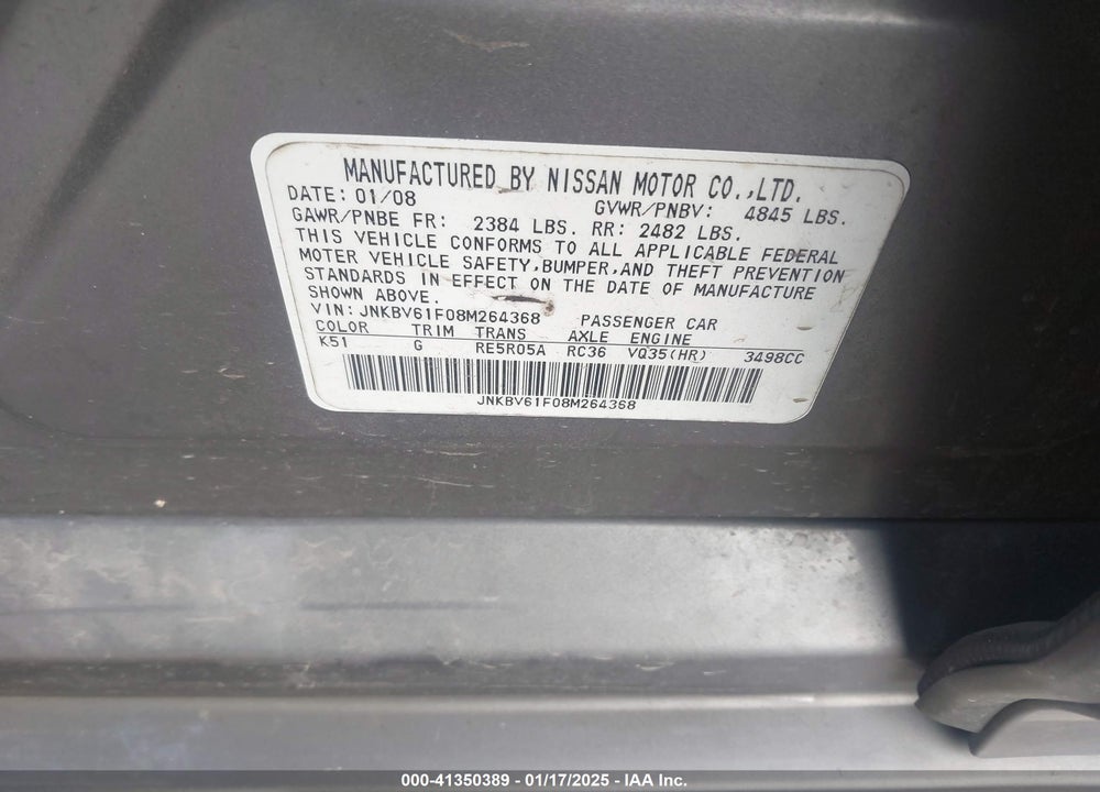 2008 INFINITI G35X VIN: JNKBV61F08M264368