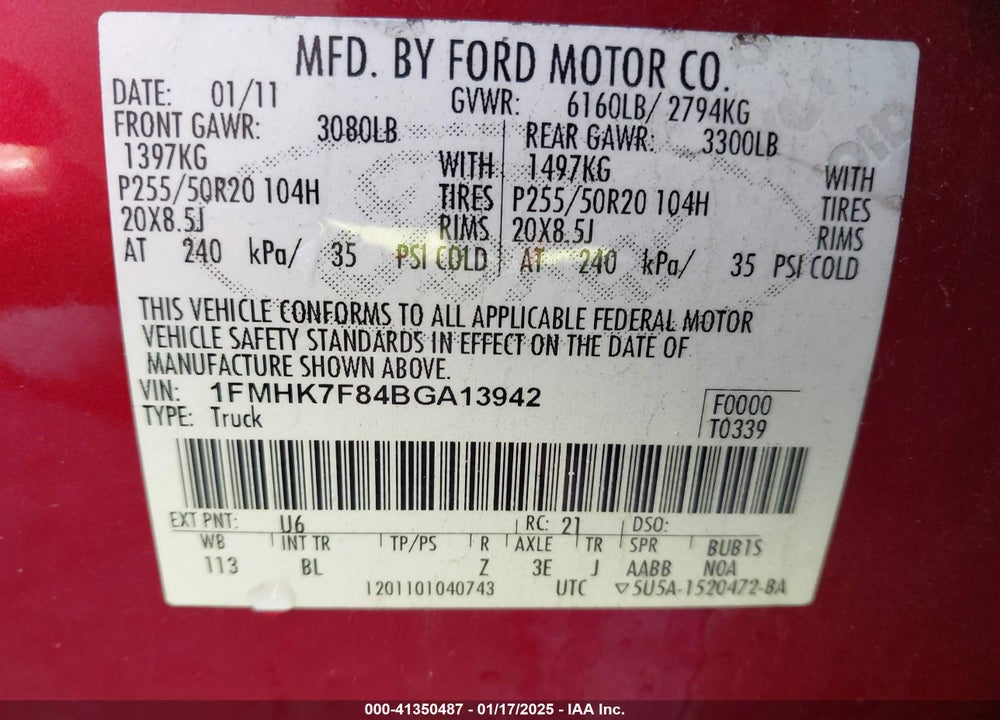 2011 FORD EXPLORER LIMITED VIN: 1FMHK7F84BGA13942
