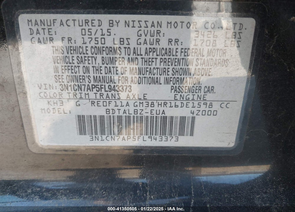2015 NISSAN VERSA VIN: 3N1CN7AP5FL943373