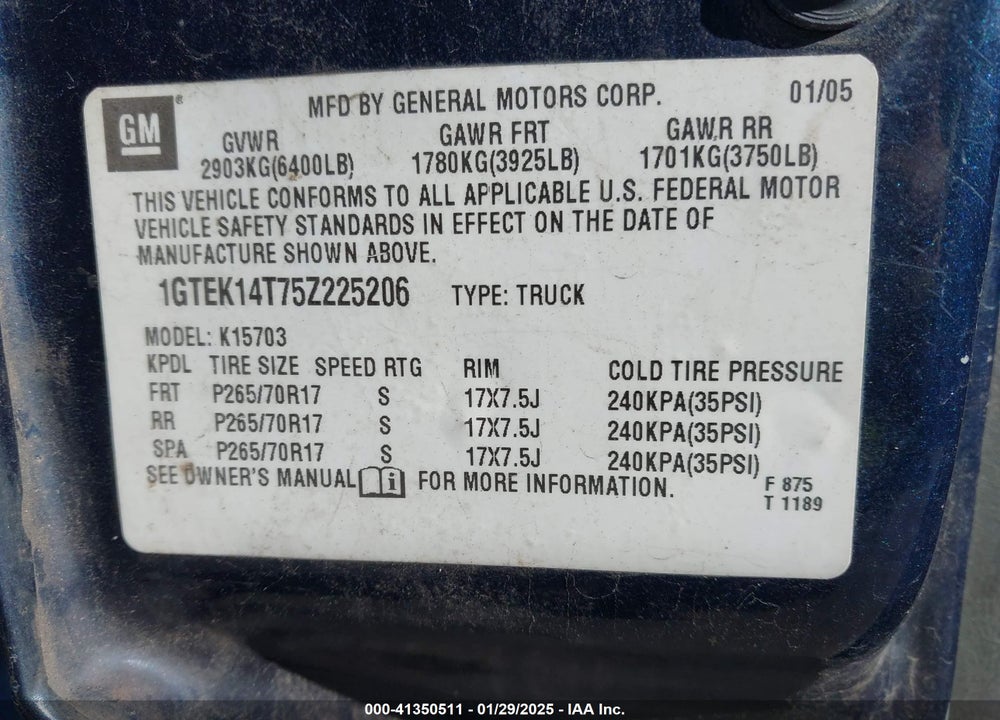 2005 GMC SIERRA 1500 VIN: 1GTEK14T75Z225206
