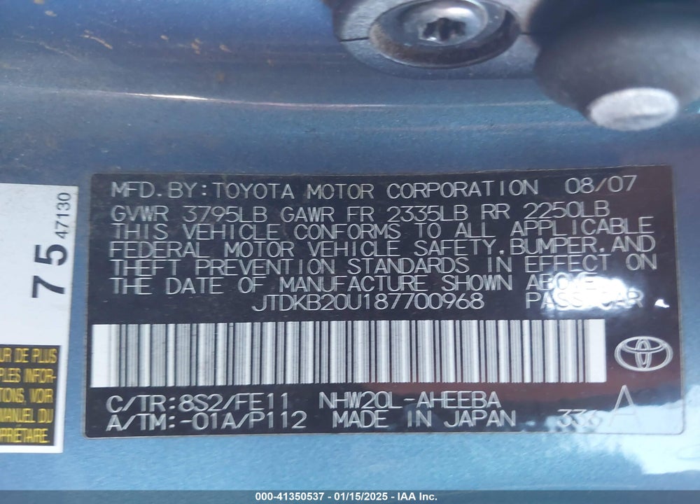 2008 TOYOTA PRIUS VIN: JTDKB20U187700968