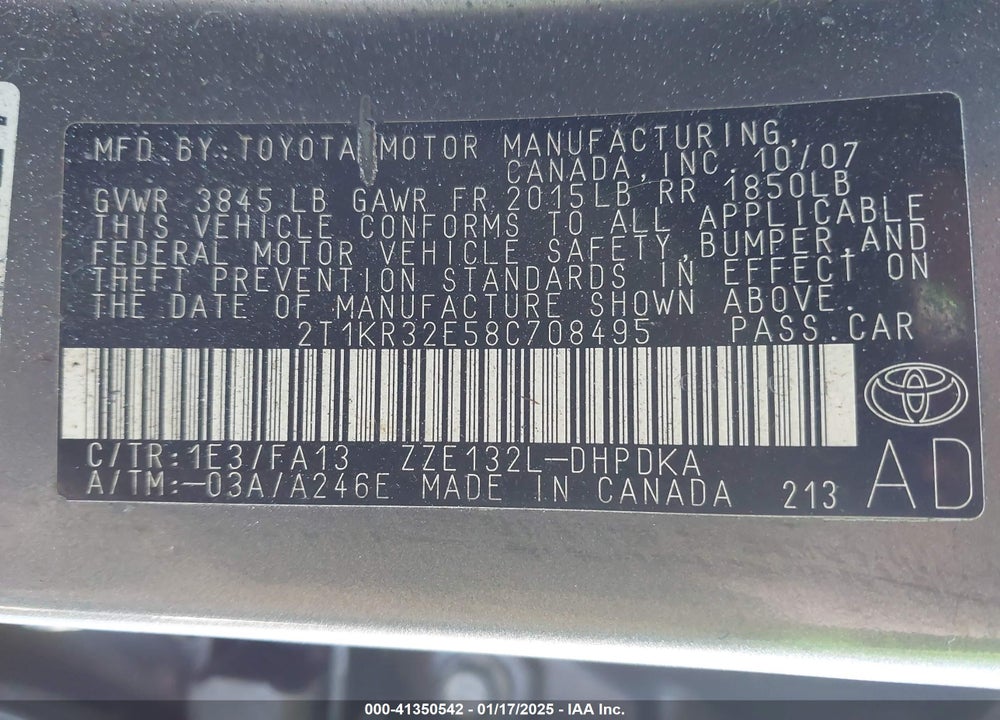 2008 TOYOTA MATRIX VIN: 2T1KR32E58C708495