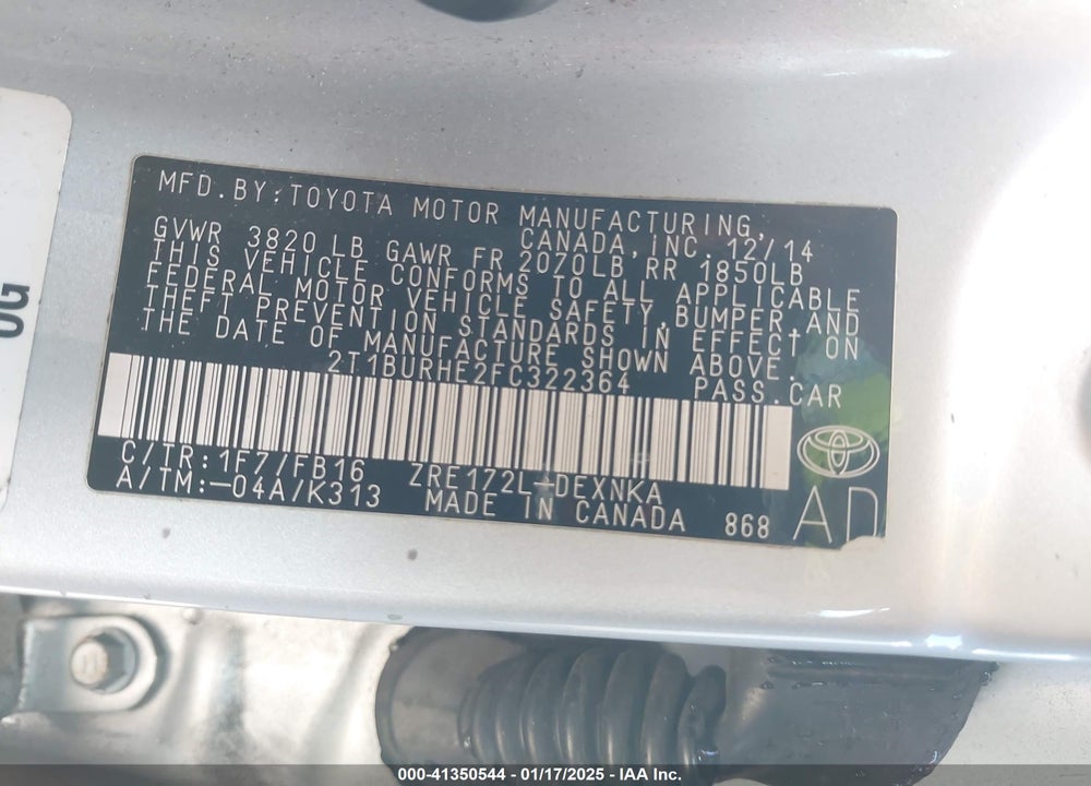 2015 TOYOTA COROLLA VIN: 2T1BURHE2FC322364