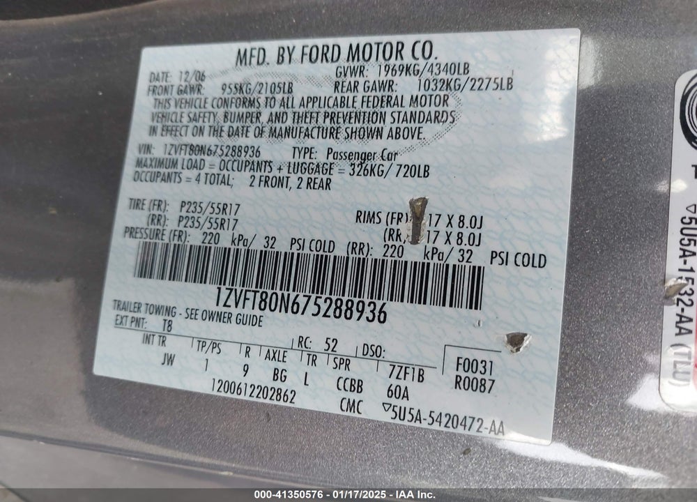 2007 FORD MUSTANG VIN: 1ZVFT80N675288936