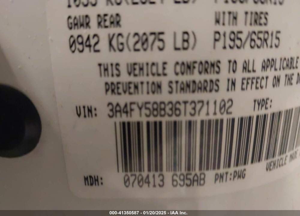 2006 CHRYSLER PT CRUISER VIN: 3A4FY58B36T371102
