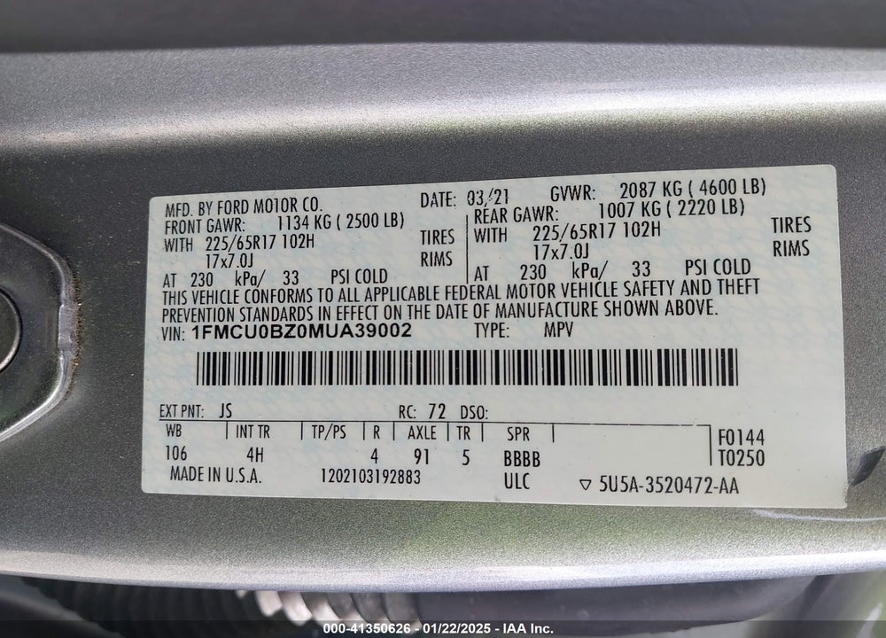 2021 FORD ESCAPE SE HYBRID VIN: 1FMCU0BZ0MUA39002