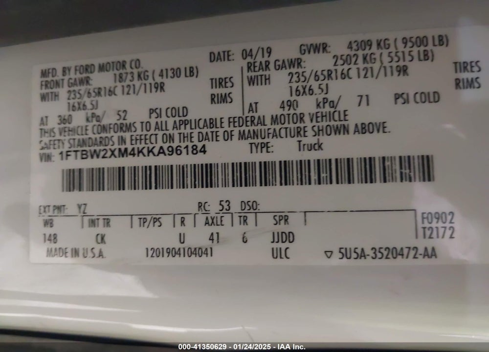 2019 FORD TRANSIT-350 VIN: 1FTBW2XM4KKA96184