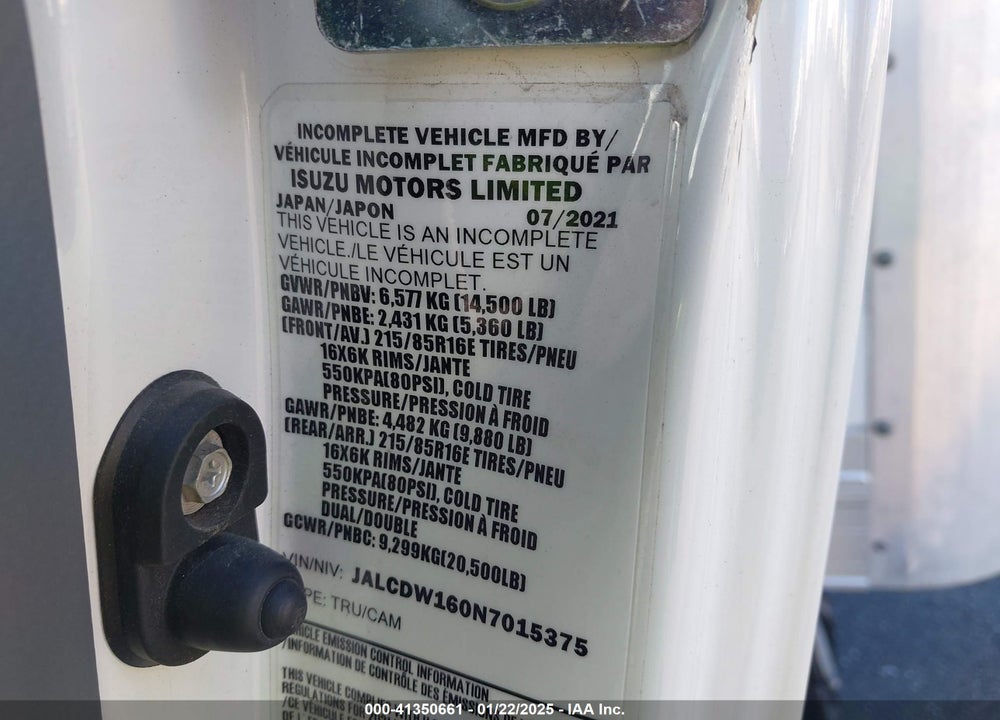 2022 CHEVROLET 4500HD LCF DIESEL VIN: JALCDW160N7015375