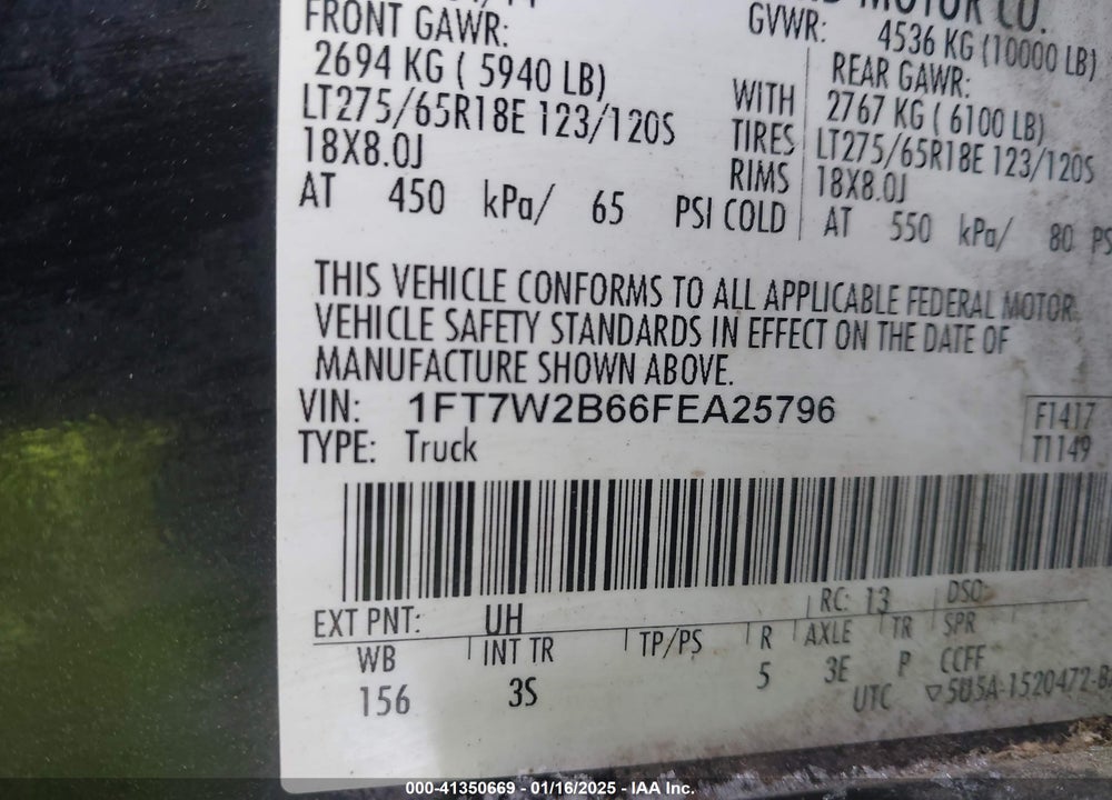 2015 FORD F-250 VIN: 1FT7W2B66FEA25796