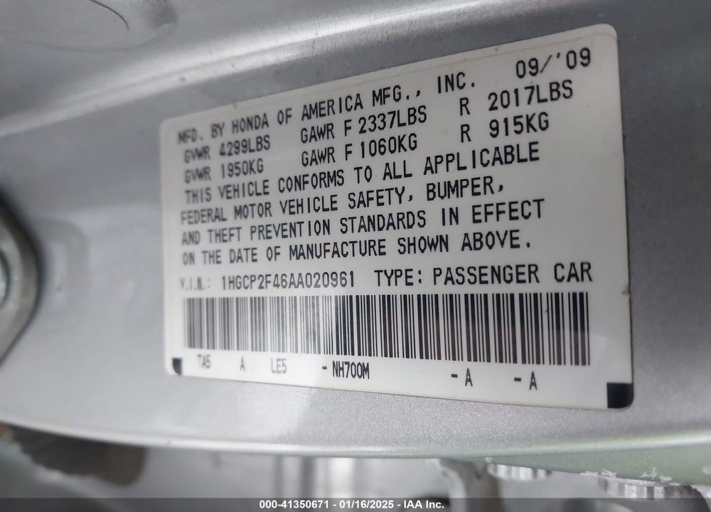 2010 HONDA ACCORD VIN: 1HGCP2F46AA020961