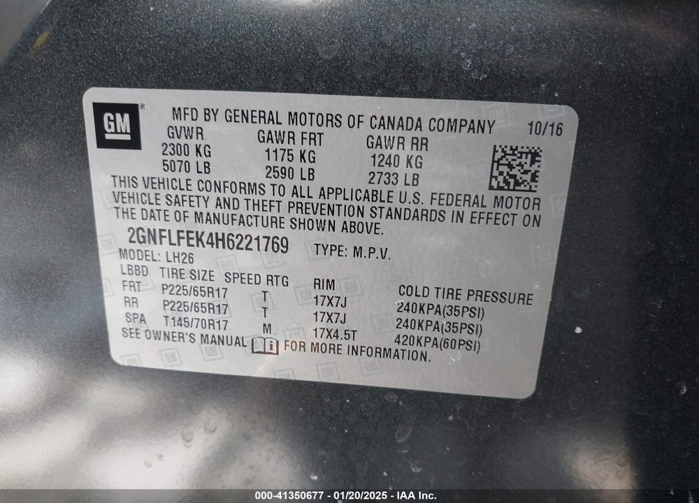 2017 CHEVROLET EQUINOX VIN: 2GNFLFEK4H6221769