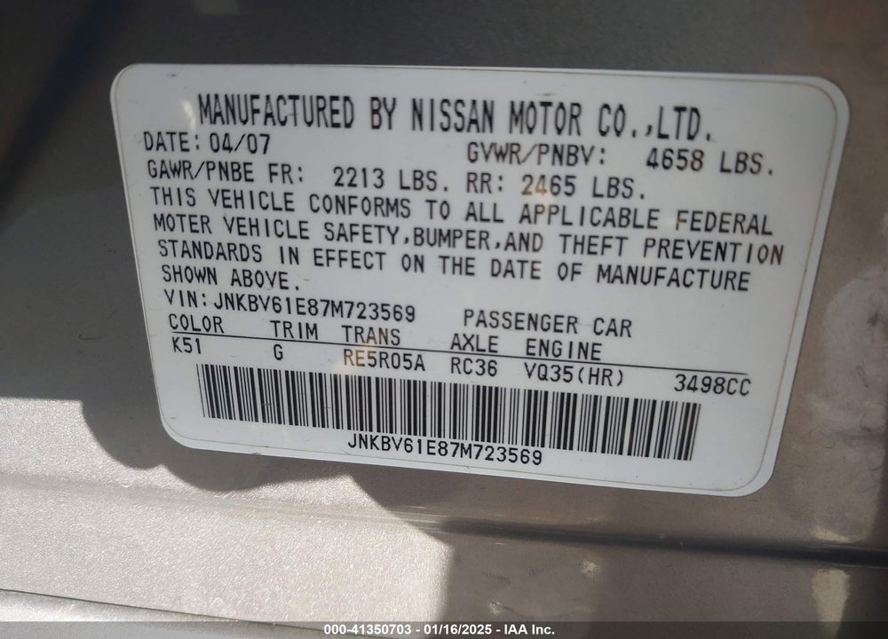 2007 INFINITI G35 VIN: JNKBV61E87M723569
