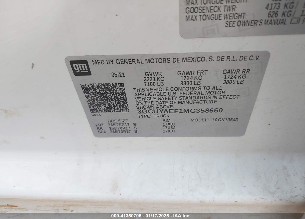 2021 CHEVROLET SILVERADO 1500 4WD SHORT BED WT VIN: 3GCUYAEF1MG358660