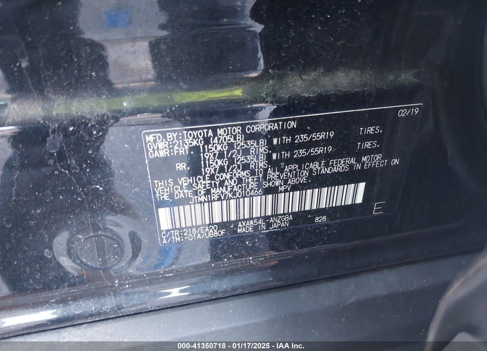 2019 TOYOTA RAV4 LIMITED VIN: JTMN1RFV7KJ010466