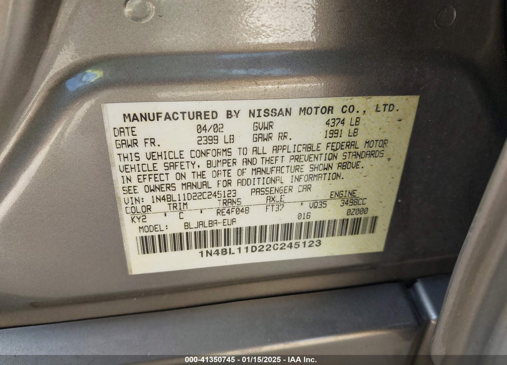 2002 NISSAN ALTIMA 3.5 SE VIN: 1N4BL11D22C245123