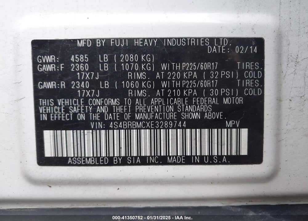 2014 SUBARU OUTBACK 2.5I LIMITED VIN: 4S4BRBMCXE3289744