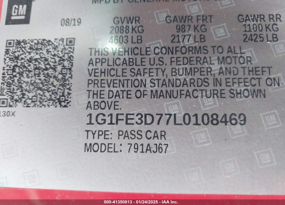 2020 CHEVROLET CAMARO VIN: 1G1FE3D77L0108469